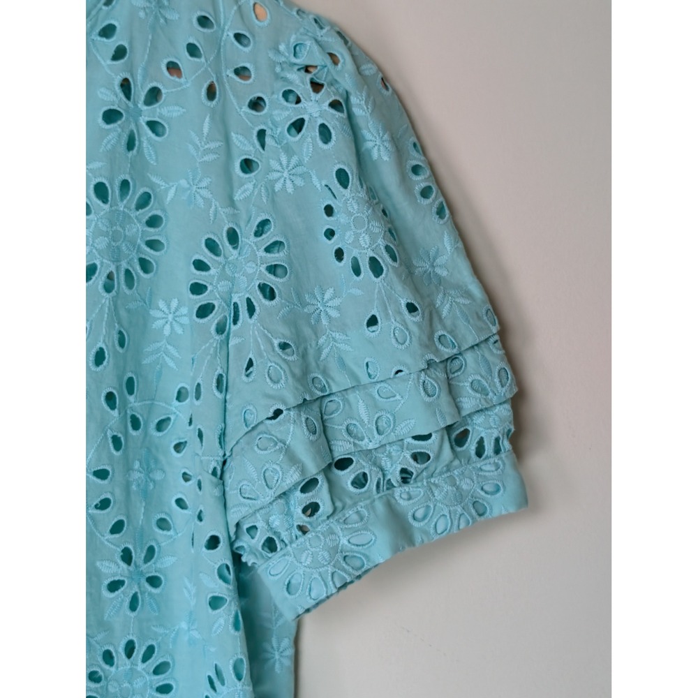 J Crew Floral Eyelet Ruffle Sleeve Popover Top Womens Small Aqua Blue AW539 - Picture 8 of 9